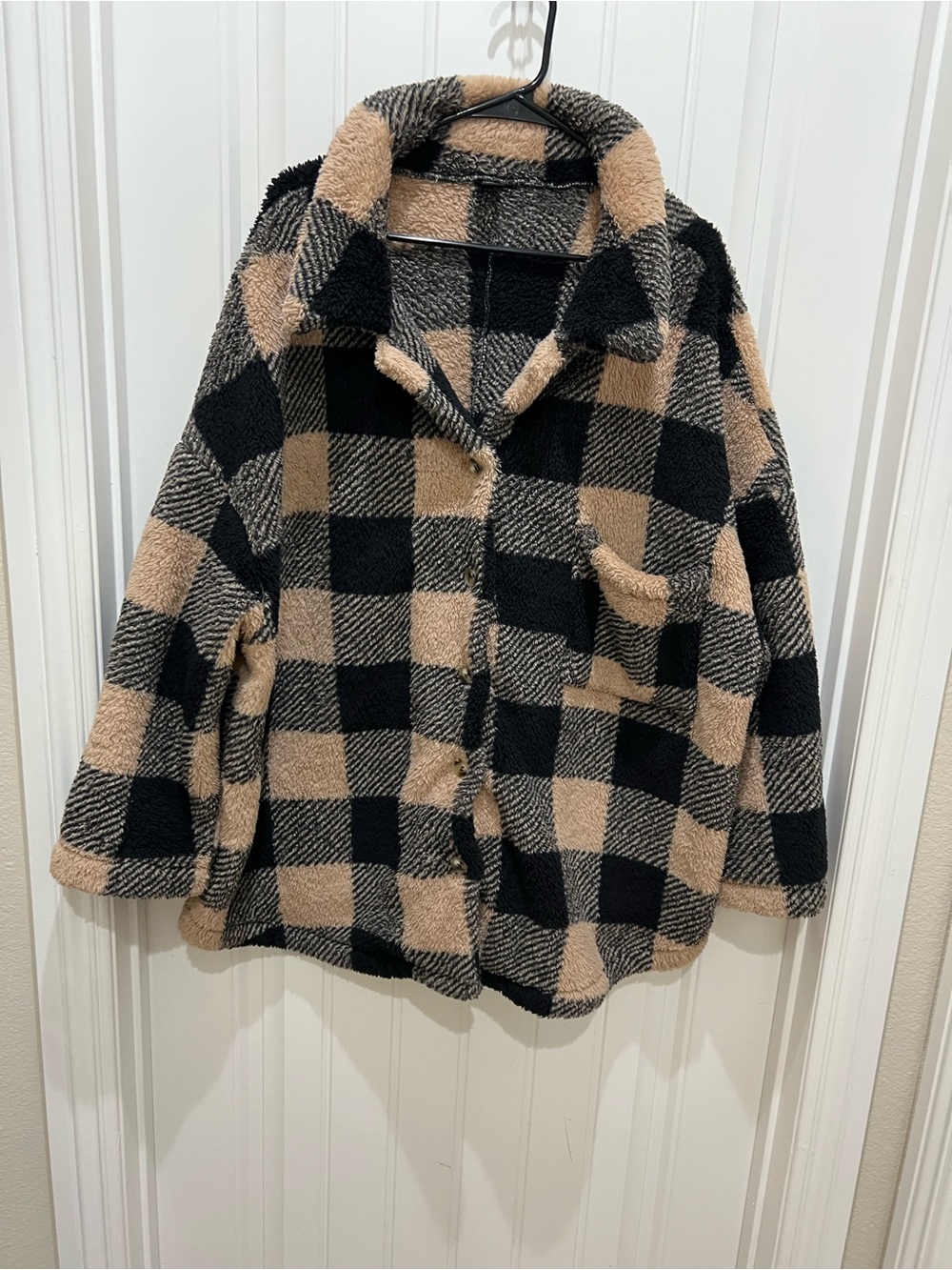 SHEIN Black and Tan Buffalo Plaid Fuzzy Button-Up Shacket